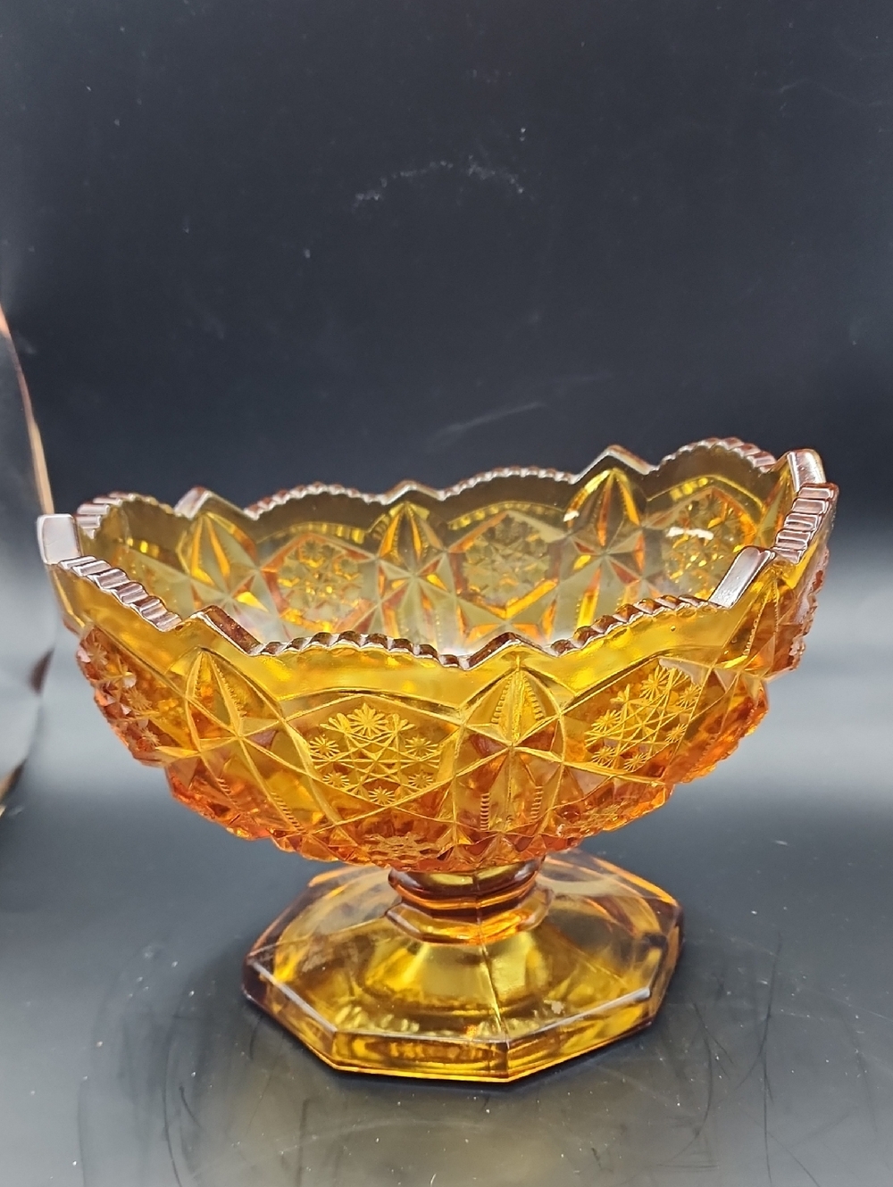 Vintage Kemple Wheaton Amber Sawtooth Glass Footed Pedestal Compote